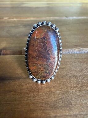 Vintage Bohemian Women Jewelry Jasper Gemstone Ring Size 9 Adjustable Silver 925